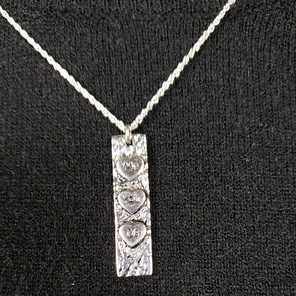 Linear Heart"Me You Us" Sterling Silver Necklace